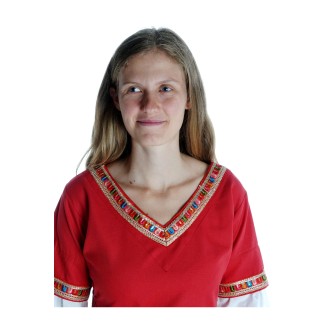 Mittelalter Kleid Saelde mit Bordüre in Feuerrot Detailansicht