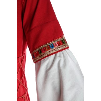Mittelalter Kleid Saelde mit Bordüre in Feuerrot Detailansicht 2