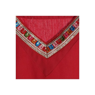 Mittelalter Kleid Saelde mit Bordüre in Feuerrot Detailansicht 4