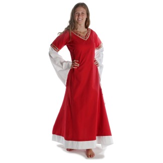 Mittelalter Kleid Saelde mit Bordüre in Feuerrot Frontansicht
