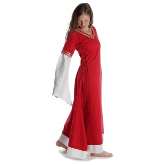 Mittelalter Kleid Saelde mit Bordüre in Feuerrot Seitenansicht