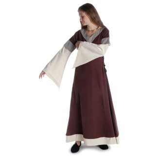 Mittelalter Kleid Saelde mit Zierleiste in Braun-Beige Frontansicht