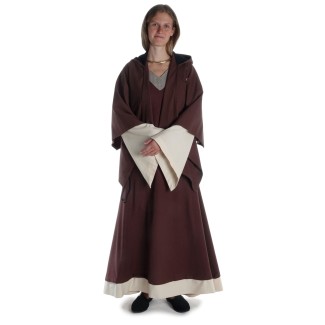 Mittelalter Kleid Saelde mit Zierleiste in Braun-Beige Frontansicht 2