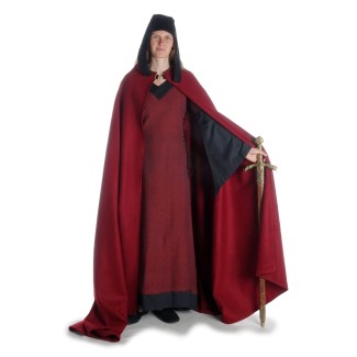 Mittelalter Kleid Saelde mit Zierleiste in Rot-Schwarz Frontansicht 3