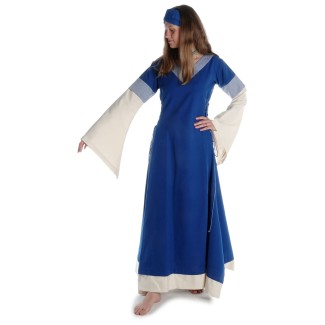 Mittelalter Kleid Saelde mit Zierleiste in Königsblau-Beige Frontansicht