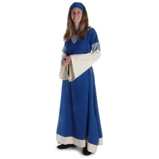 Mittelalter Kleid Saelde mit Zierleiste in Königsblau-Beige Frontansicht 2