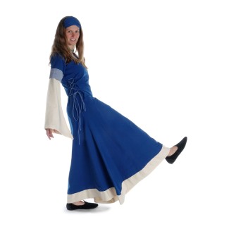 Mittelalter Kleid Saelde mit Zierleiste in Königsblau-Beige Seitenansicht