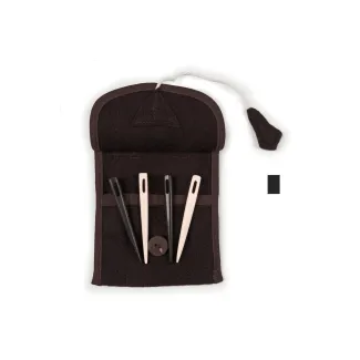 Wikinger Nadelbinden Stricknadel Set mit Tasche Alfhild aus Knochen, Horn in Braun Frontansicht